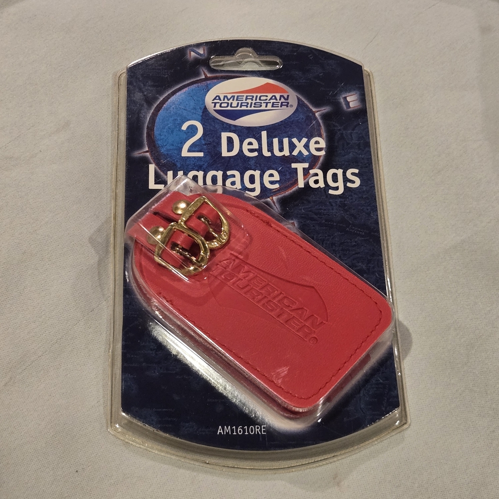 2 AMERICAN TOURISTER Deluxe Luggage Tags RED vinyl Suitcase TAGS. New. Year 2000
